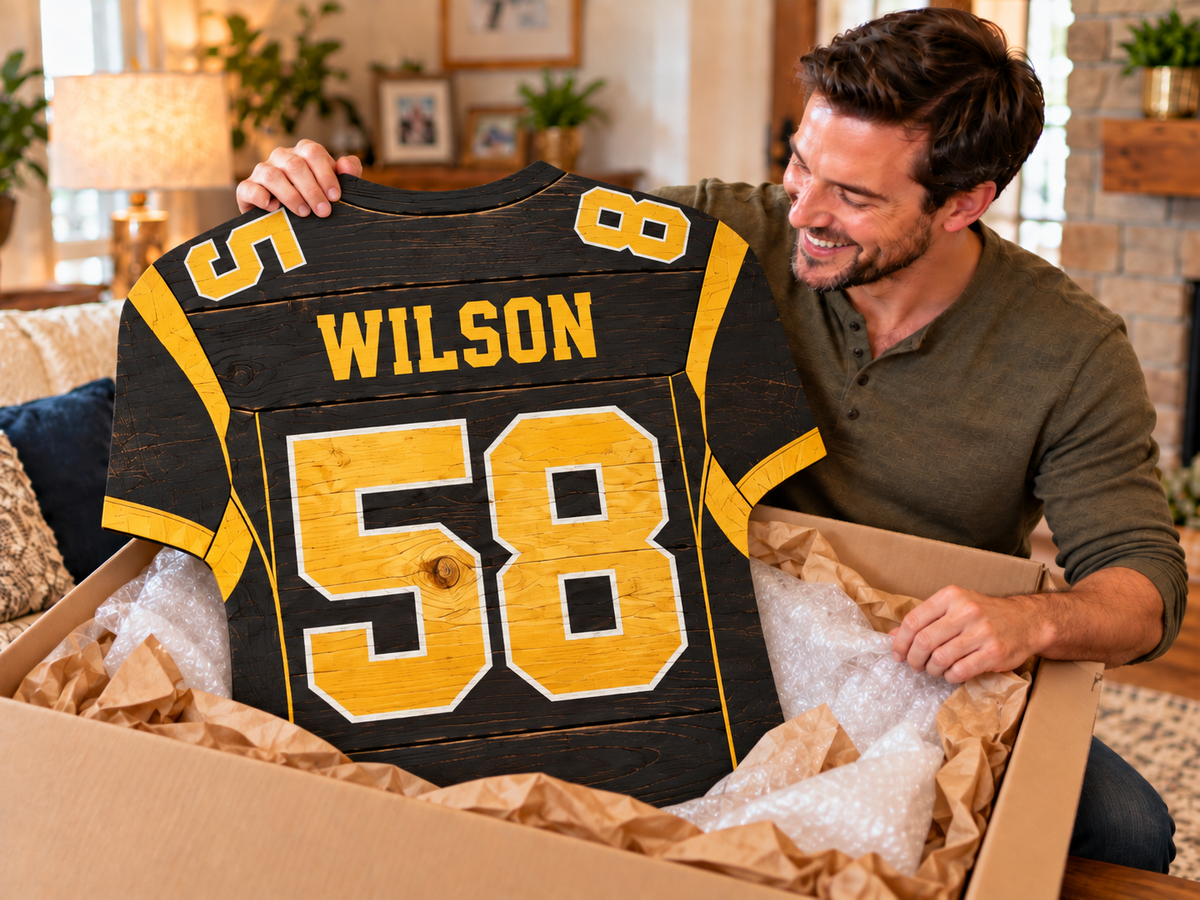 Personalized wooden football jersey with custom player name and number