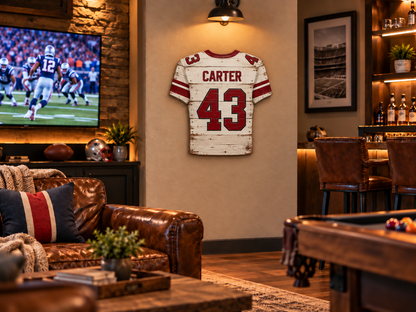 Handcrafted wooden football jersey wall art displayed in a game room