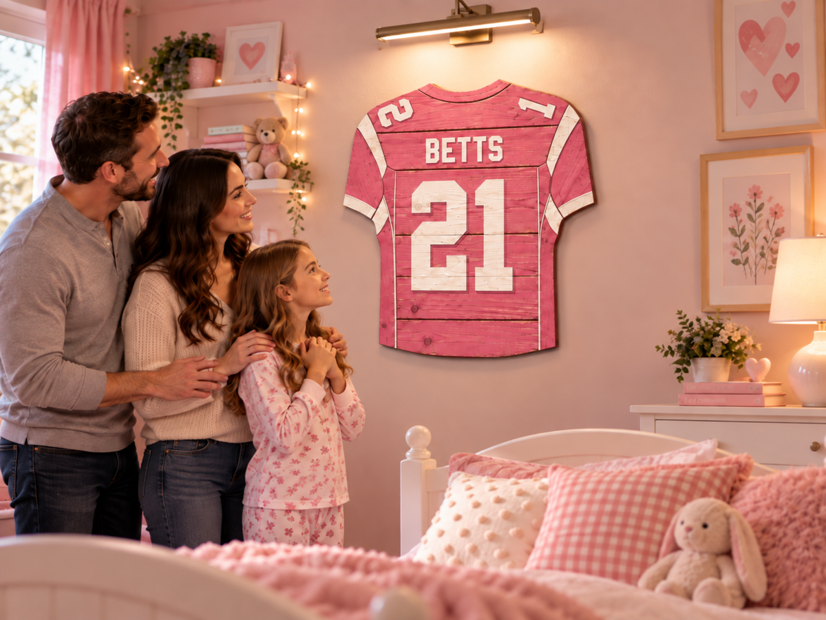 Custom wooden football jersey displayed on a girl's bedroom wall