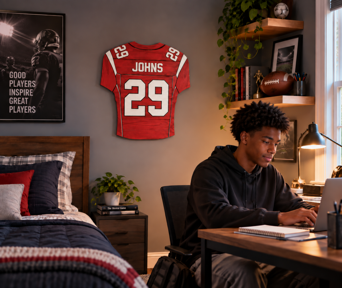 Custom wooden football jersey displayed on a teenager's bedroom wall
